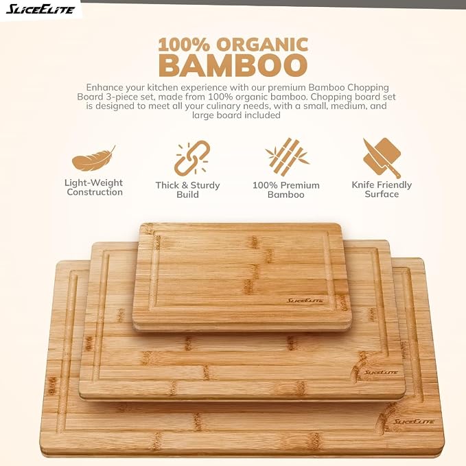 SliceElite Wood Cutting Board - 3 Piece Bamboo Cutting Board Set, Wooden Cutting Boards for Kitchen with Deep Juice Groove, Side Handles - Wood Chopping Boards for Meal Prep, Meat, Vegetables