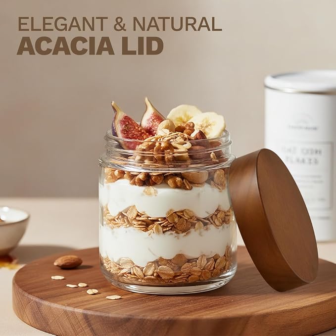 Bumobum 10 oz Glass Jars with Wood Lids, 6 Pack Small Yogurt Containers | Acacia Wood Lids, Airtight Seal, Easy to Fill, Small Food Containers for Chia Pudding, Coffee, Snacks, Spices, Pantry Storage