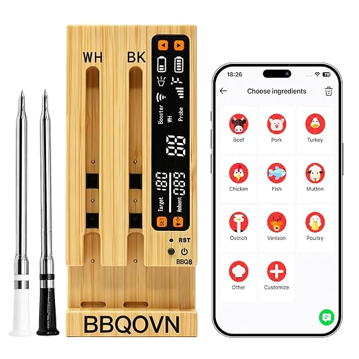 WiFi Sub-1G Wireless Meat Thermometer Unlimited Range 7 NIST Certified Sensors with Ambient Temp 2 Temp Monitoring Ways Digital Smart Base and App for BBQ, Smoker, Grill, Oven (Dual Probes)