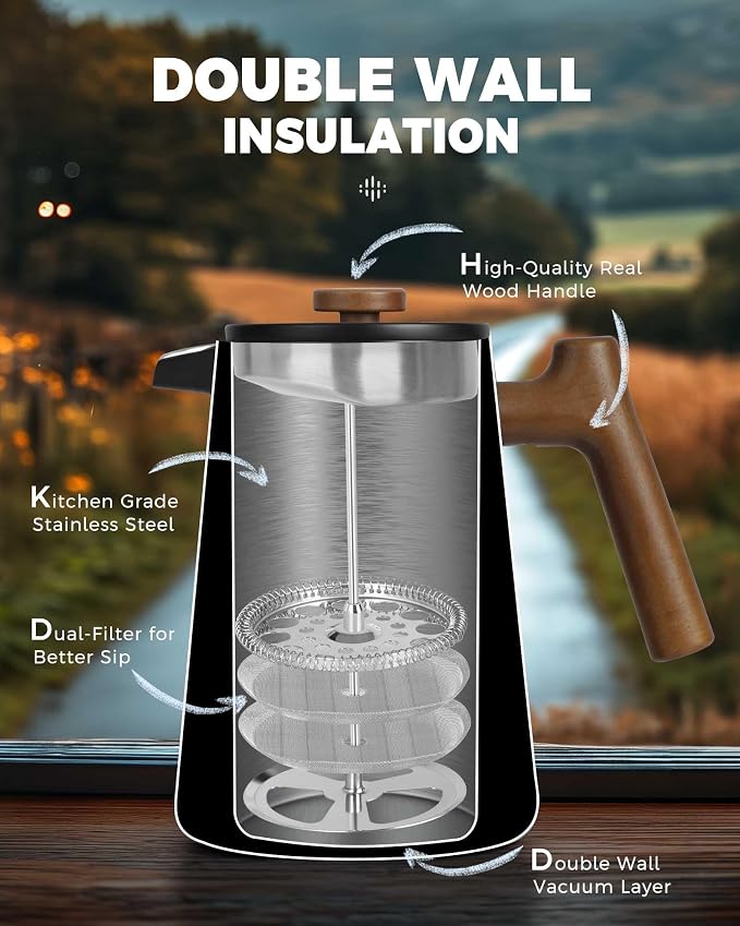 POLIVIAR French Press Coffee Maker, 34 oz | Real Wood Handle, Double Wall Insulation, Dual-Filter Screen, Food Grade Stainless Steel, For Coffee and Tea, Black