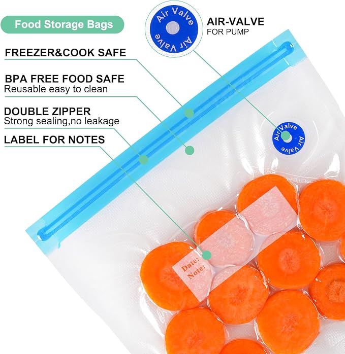 Sous Vide Bags 31 Pcs (24 Pcs Vacuum Zipper Bags & 2 Seal Clips & 5 Air Valves), Reusable BPA Free Vacuum Sealer Bags (13 * 10 in) Vacuum Food Storage Bags for Cooking/Food Storage/Microwave Heating