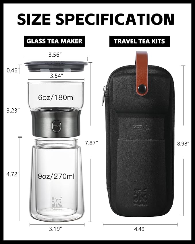 ZENS Modern Tea Infuser Teapot, One Touch Tea Maker for Loos Leaf Tea | Glass Magic Tea Pot, Mess free Tea Steeper with Insulated Mug, Portable Tea Infuser with Case for Tea Lovers