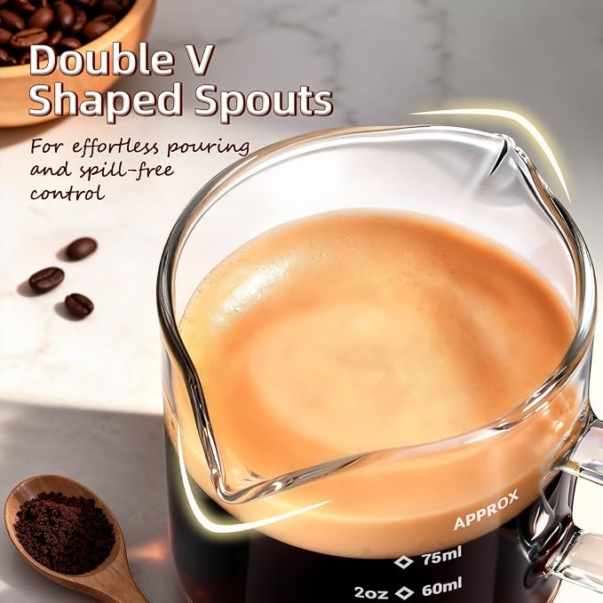 Espresso Cups Set of 2: Espresso Machine Accessories - Dual Scale Glass Measuring Cup and Espresso Shot Cups - Essential Coffee Bar Accessories - 4oz Glass Espresso Cup Set with Handled and Spout