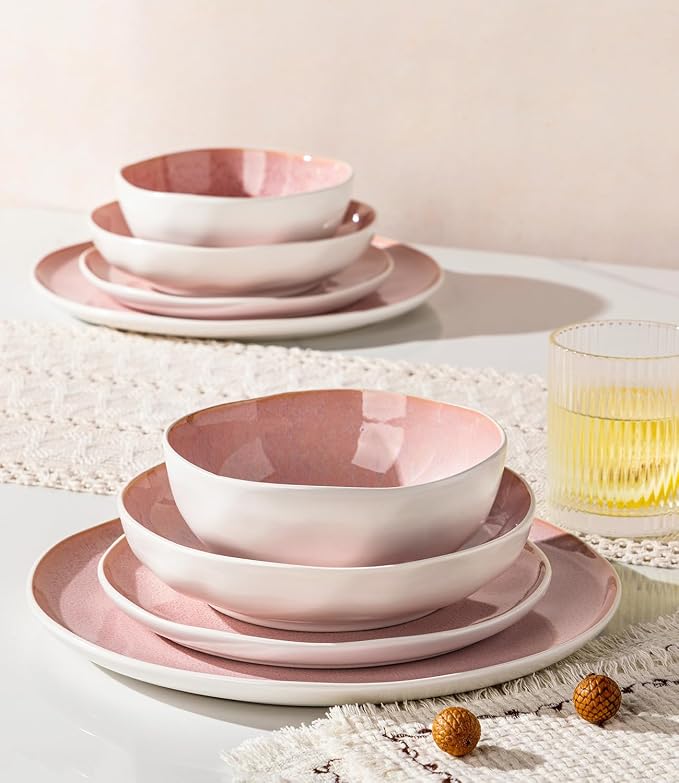 GBHOME Stoneware Dinnerware Sets for 8,24 Piece Rustic Plates and Bowls Set | Earthenware Handmade Reactive Glaze Plate Sets, Chip Resistant Ceramic Dishes, Microwave & Dishwasher Safe, Pink
