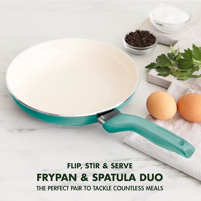 GreenPan Rio Healthy Ceramic Nonstick 8" Frying Pan Skillet and Silicone Spatula Set, Soft Grip Handle, Breaktfast Meal Set, PFAS-Free, Dishwasher Safe, Oven Safe, Turquoise