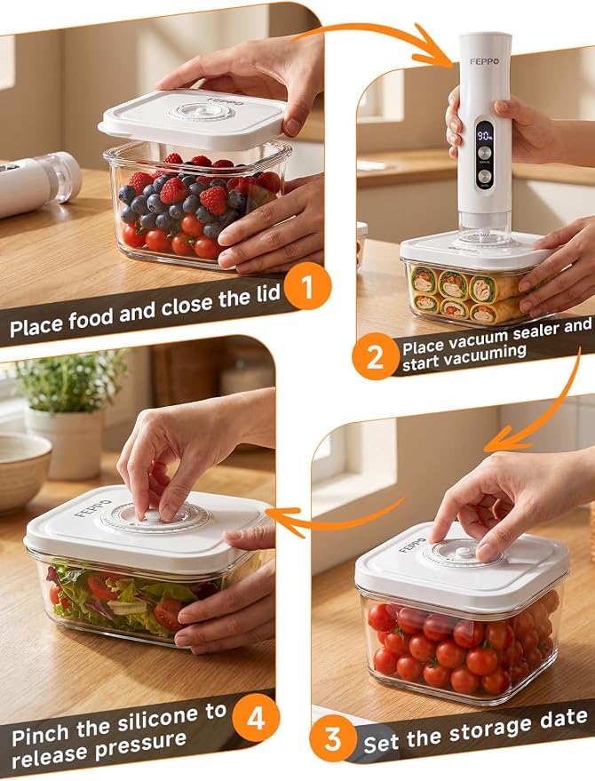 FEPPO Vacuum Sealers Containers for Food Storage, 3 Pcs Set [1* Small, 1* Medium, 1* Large] Works with Handheld Compact Vacuum Sealer Machine for Fridge, Freezer & Pantry, BPA-Free, Date Tracking Lid