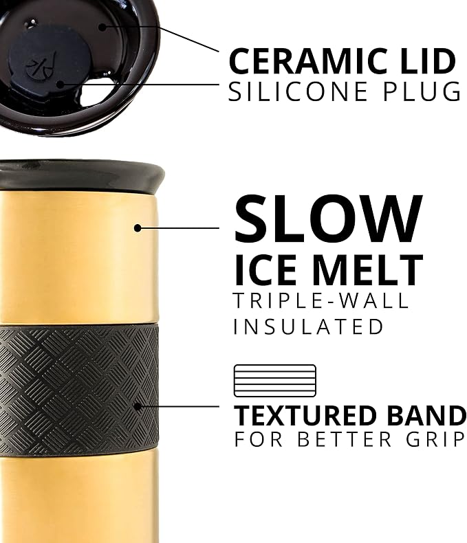 Elemental Artisan 16oz Triple-Wall Insulated Coffee Tumbler w/Ceramic Lid | Triple Wall Coffee Travel Mug, Reusable Stainless Steel Coffee Tumbler; Thermal Coffee Cups for Hot (6 Hrs) & Cold (18 Hrs)