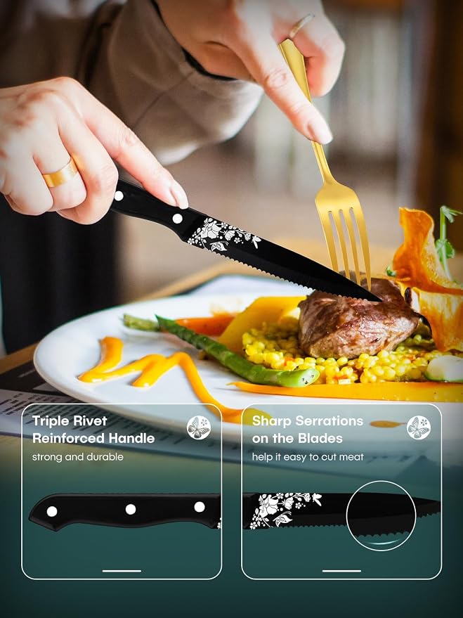 Stapava 24 Pcs Gold Silverware Set with Steak Knives, Stainless Steel Gold Silverware Flatware Cutlery Set for 4, Include Forks, Spoons and Knives set, Mirror Polished, Dishwasher Safe