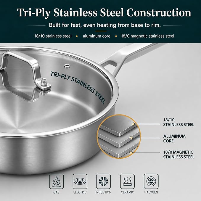 Yeksum Tri-Ply Stainless Steel Saute Pan 7 Quarts, 12 Inch Deep Frying Pan with Lids, 3-layer Large Frying Pan Skillet with Stay Cool Handle, Saute Pan with Lid, Induction Pan, Works on All Cooktops