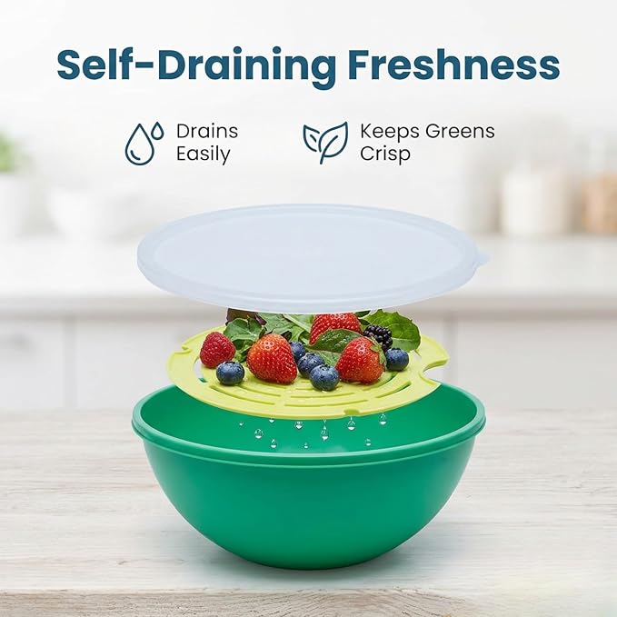 Jokari Watermelon Salad Bowl with Strainer and Lid - Self-Draining | Lid - Self-Draining Container, Fruit, Vegetables, Mixed Greens - Includes Nesting Colander, Snap-Tight Storage Lid