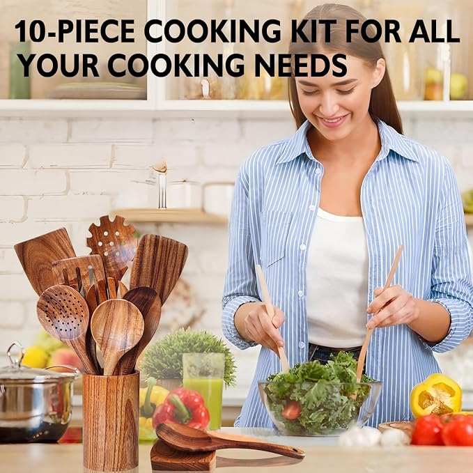 Wooden Spoons for Cooking 10 Pieces Set, Kitchen Utensils Spatula, Wooden Cooking Utensils Spoons, with Spoon Rest, Strainer Spoon, Pasta server, Fried Spatula and Salad Fork, Utensil Holder