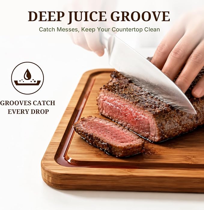 GASHELL Bamboo Cutting Board Set with Beeswax Coating for Kitchen(S+M+L) | Deep-Carbonized Chopping Board with Juice Grooves, Non-toxic, Lightweight, Reversible, Meal Prep & Serving