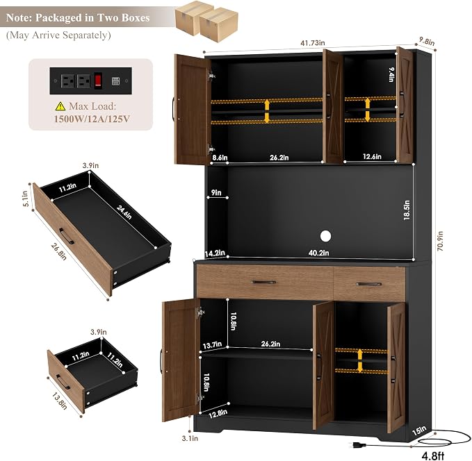 HOSTACK 71"H Kitchen Pantry Storage Cabinet, Farmhouse Hutch Cabinet, Brown | Space-Saving Pantry Cabinet with Charging Station & 2 Large Drawers & Adjustable Shelves, Tall Kitchen Hutch, Dining Room
