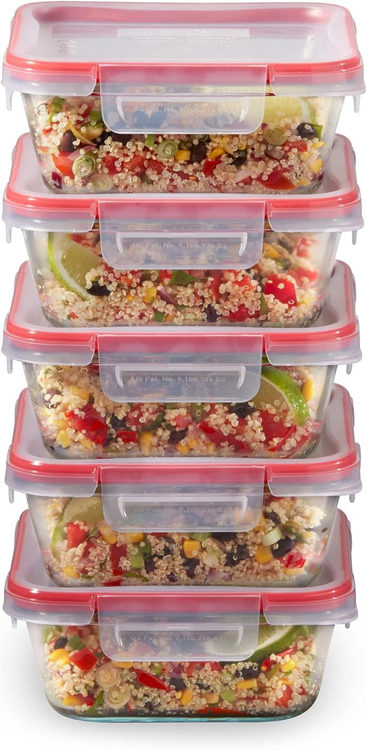 Pyrex Freshlock (5-Pack, 4 Cup) Glass Food Storage Containers Set | Meal prep containers with BPA-free plastic airtight locking lids, freezer, dishwasher, & microwave safe