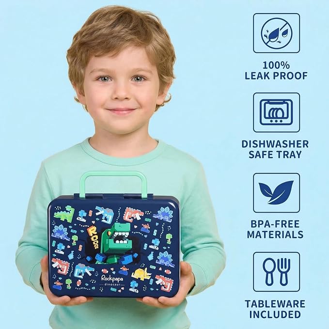 rockpapa Bento Box for Kids - Large 5.5 Cups Lunch Box with Utensils - 5 Compartments, BPA-Free, Leak Proof, Portable Handle for Boys Girls, Microwave/Dishwasher Safe (Blue Dinosaur)