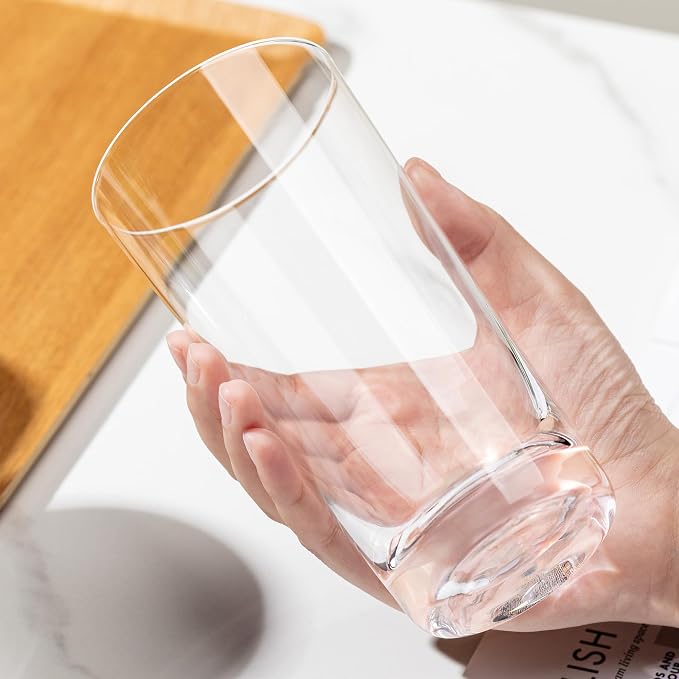 Water Glasses Set of 6, 13.5 oz Glass Cups with Heavy Base | Borosilicate Glass; Heat Resistant, Lead-Free and Dishwasher Safe for Water, Juice and Iced Coffee