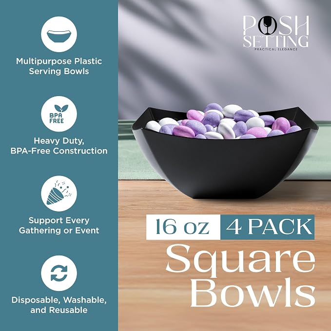 4 Pack Disposable Black Plastic Serving Bowls Square Party Candy Use 16oz | Square Design. Disposable Party Tableware. Salad, Fruit & Candy Use. Candy Buffet Containers. Black Plastic.