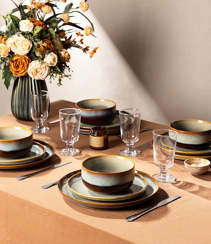 Ceramic Dinnerware Set for 8, 24-Piece Plates and Bowls Set | Handmade Reactive Glaze Dish Set, Scratch Resistant, Oven & Microwave & Dishwasher Safe, Dusk Blue