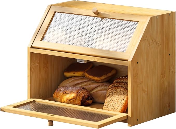 STDDRE Bread Box for Kitchen Countertop Bin Double Layer Bread Box Storage Container Extra Large Capacity Farmhouse with Diamond Pattern Windows (Natural, Large)
