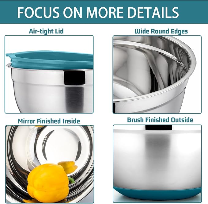 P&P CHEF Stainless Steel Mixing Bowls With Lids, Set of 6, Blue | Salad Nesting Mixing Bowls & Fitting Lids & Non-Slip Silicone Bottom, Ideal for Mixing, Storing, Size 0.7/1/1.5/2.5/3/4.6 Qt