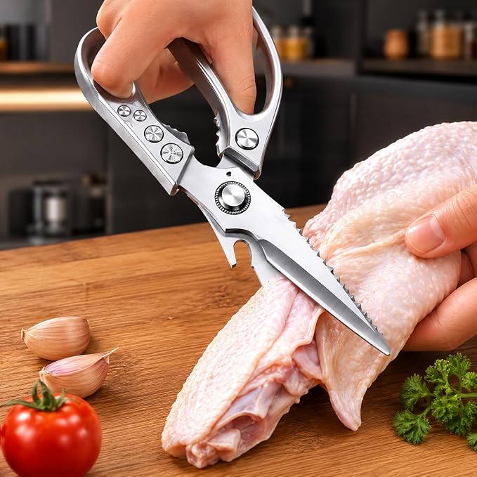 Kitchen Scissors Heavy Duty, Multi-Purpose Kitchen Shears, Dishwasher Safe Food Scissors for Chicken, Poultry, Fish, Meat & Herbs, Stainless Steel Kitchen Shears with Non-Slip Grip - Silver