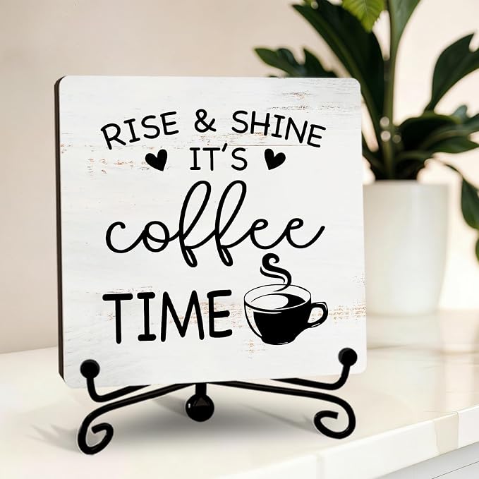 Minimalism Coffee Bar Decor, 5"x5" Coffee Bar Sign | Rise & Shine It's Coffee Time Wood Plaque with Stand | Farmhouse Gift for Home Kitchen Tabletop Desk - A07