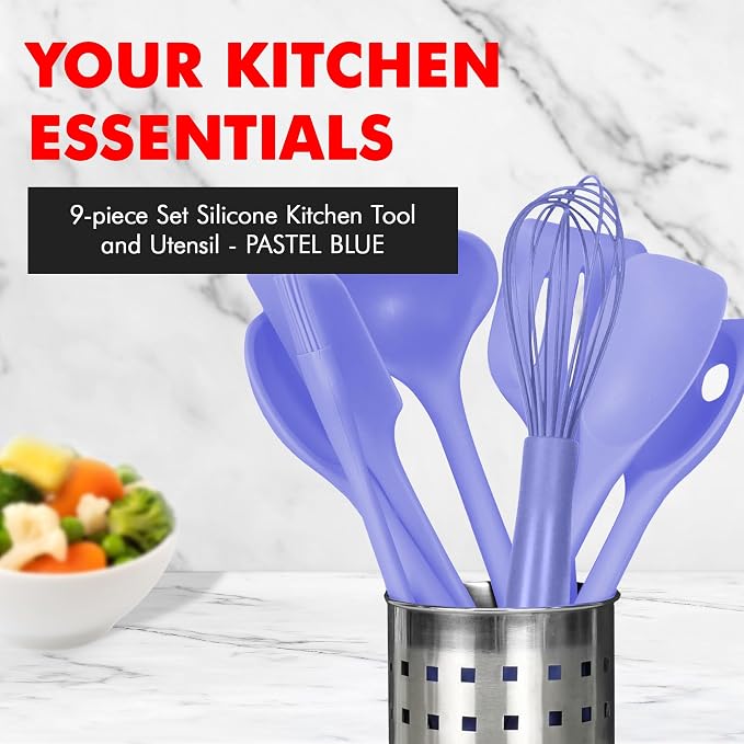 Chef Craft - Premium Silicone Kitchen Tools and Utensils Set, Non-Scratch, Withstands Temperatures up to 450°F, BPA-Free, 9 Piece Cooking Utensils Set, Pastel Blue