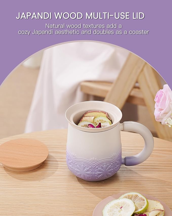 ZENS Tea Mug with Infuser and Lid for Loose Tea Diffusers, 12oz Purple | Embossed Ceramic Tea Cup with Infuser for Herbal Tea Steeper, Tea Lovers Gifts, Japandi Style Sunflower