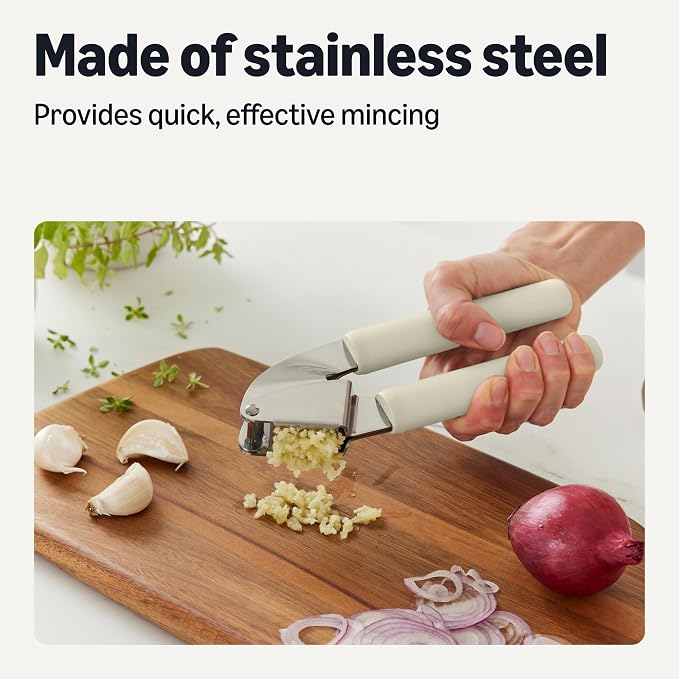 Amazon Basics Garlic Press, Stainless Steel, Soft Grip Handle, Dishwasher-Safe, Linen Gray