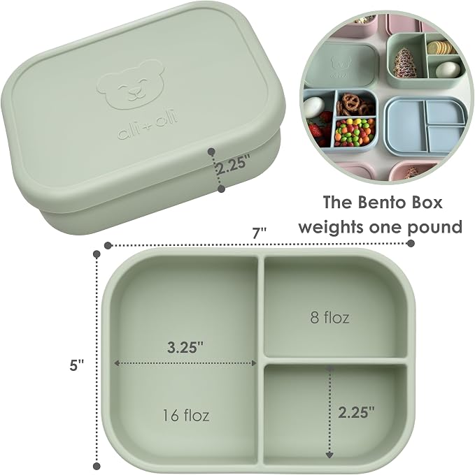 Ali+Oli Silicone Bento Box for Kids, Lunch Container for Toddler Daycare | BPA-Free; Spill-Proof Lid; Three Compartments for Food Separation; Portion Control; Snack Storage; Travel Friendly