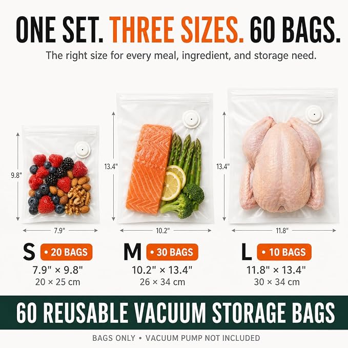 Vacuum Sealer Bags for Food, 60 Pcs Reusable Food Storage Bags, S+M+L Sizes, Air Valve Zipper Bags for Meal Prep, Freezer, Sous Vide & Microwave Storage