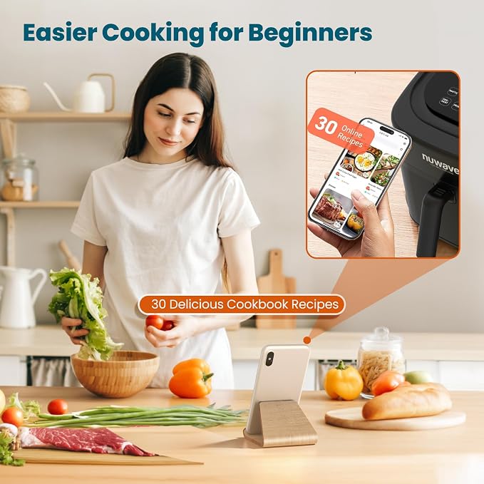 Nuwave Brio 10-in-1 Air Fryer, 6 QT Capacity with Smart Probe | Roast Grill Bake for Fast Meals, One-Touch Digital Controls, Powerful 1800W Fryer, 100 Recipes, Removable Divider, Grill Pan