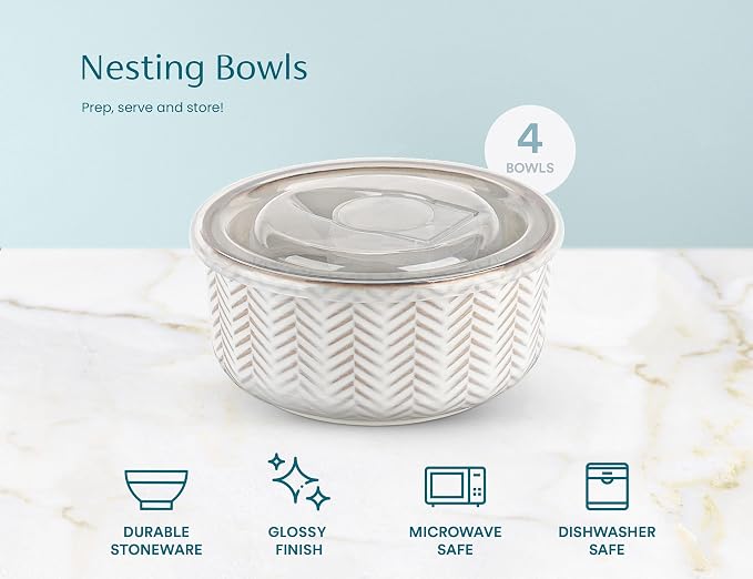 KooK Serving Bowls, with Lids, Ceramic Nesting Bowls, Set of 4, Embossed, Kitchen, Prep, Stackable, Gift, Microwave and Dishwasher Safe, 10/16/29/47 oz, Narbonne Collection (Ivory)