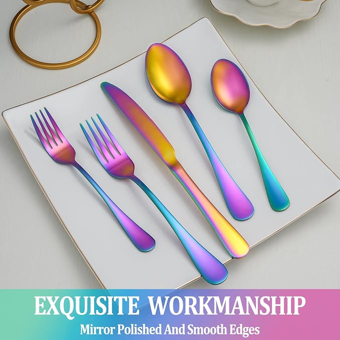 40 Pcs Rainbow Silverware Set Service for 8,Stainless Steel Flatware Serving Sets,Kitchen Tableware Set,Utensil Set for Home and Restaurant,Knives Forks Spoons Set,Mirror Polished,Dishwasher Safe