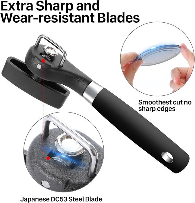 Beneno Can Opener, Manual Side Safe Cut Can Opener Smooth Edge, Black | Durable Sharp DC53 Steel Cutting Blade, Clean Cut with no Sharp Can Edges, Big Effort-Saving Knob, Comfortable Non-Slip Grip