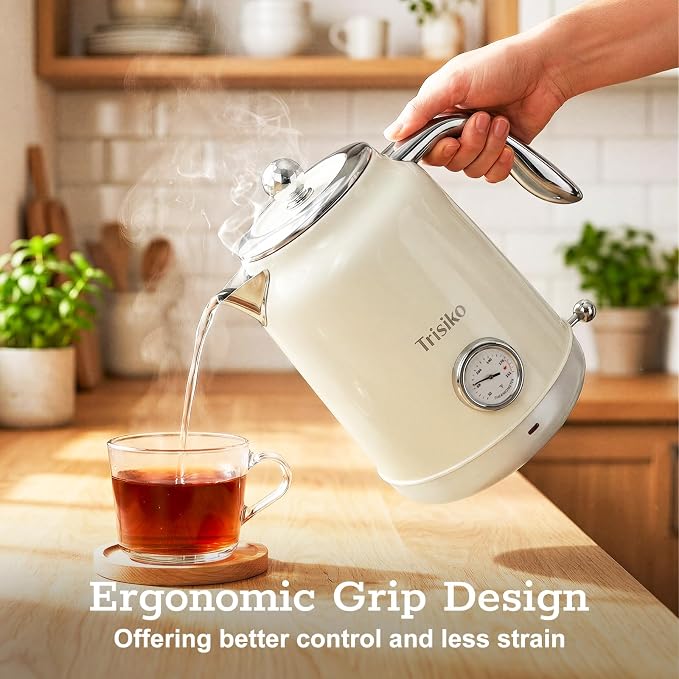 Electric Kettle with Thermometer, 1.7L White, 1200W | electric tea kettle with visible thermometer, stainless steel water-contact interior,cordless base for tea and coffee