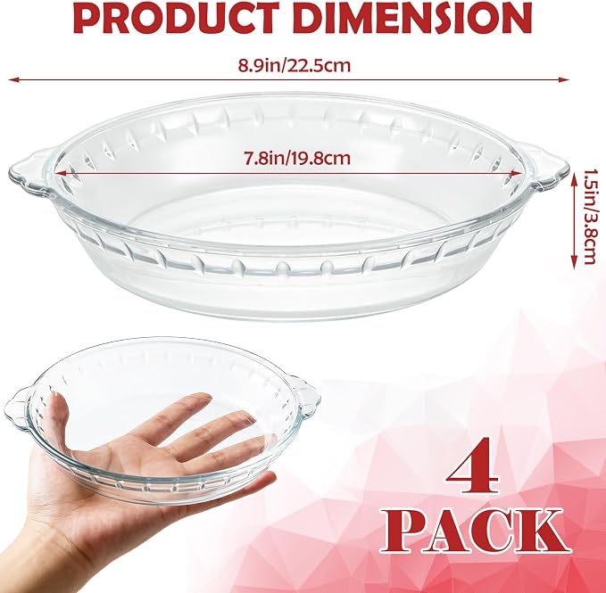 4 Set Glass Pie Pan with Handles, 8 Inch Glass Pie Plate for Baking, Round Glass Pie Dish for Baking Quiches, Tarts, Desserts & Salads, Oven & Freezer Safe Kitchen Accessories