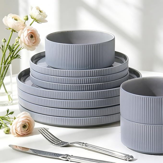 Stoneware Dinnerware Sets for 4, 12-Piece Plates and Bowls Set, Dusty Blue | Advanced Inkjet Printing Ceramic Dishes, Modern Minimalist Tableware, Scratch Resistant, Microwave and Dishwasher Safe