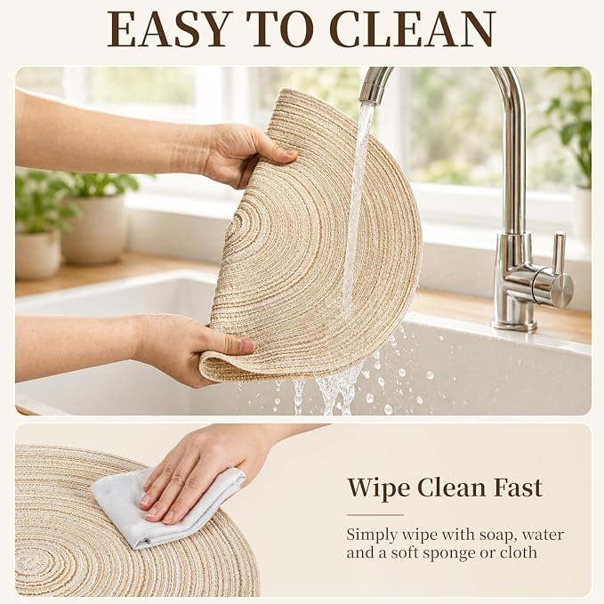 TaroKitc 15 in Round Placemats Set of 6, Washable Woven Placemats Heat Resistant Cotton Polyester Braided Table Mat, Non-Slip Circle Place Mats for Kitchen Dining Table Decor - Beige