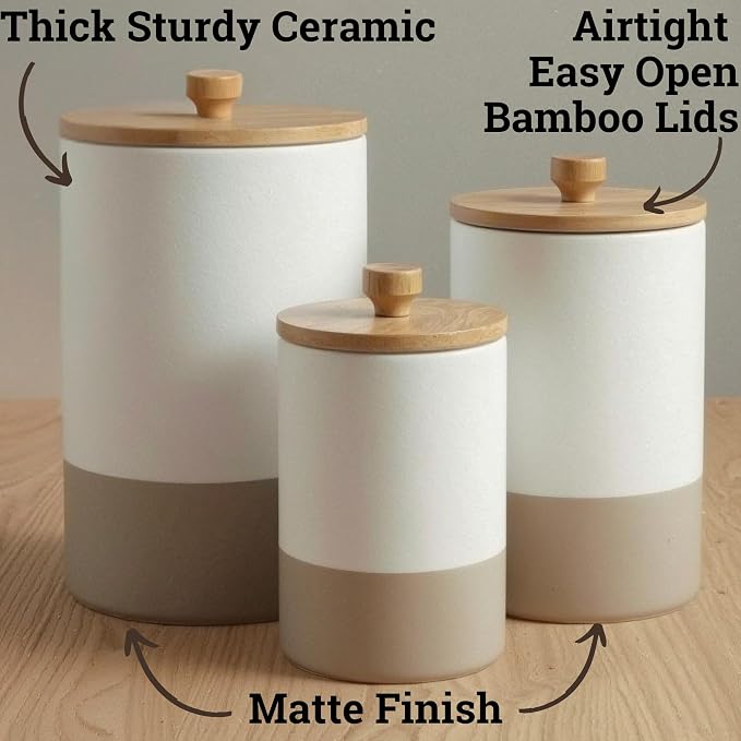 Ceramic Kitchen Canisters for Countertop Set of 3 w/Airtight Bamboo Lids | Thick Sturdy Ceramic, Matte Finish, Airtight Easy Open Bamboo Lids, Comfortable Bamboo Handles, Jar Volumes: 2, 1, 0.5 quarts