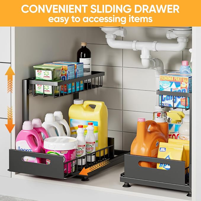 L-Shaped Under Sink Organizer, 2-Tier Pull-out Cabinet Rack 1-Pack | Black Height-Adjustable Steel Rack, Sliding Grid Drawers with PP Liners, Holds 100 Lbs, Suction Base, Ideal Kitchen Storage