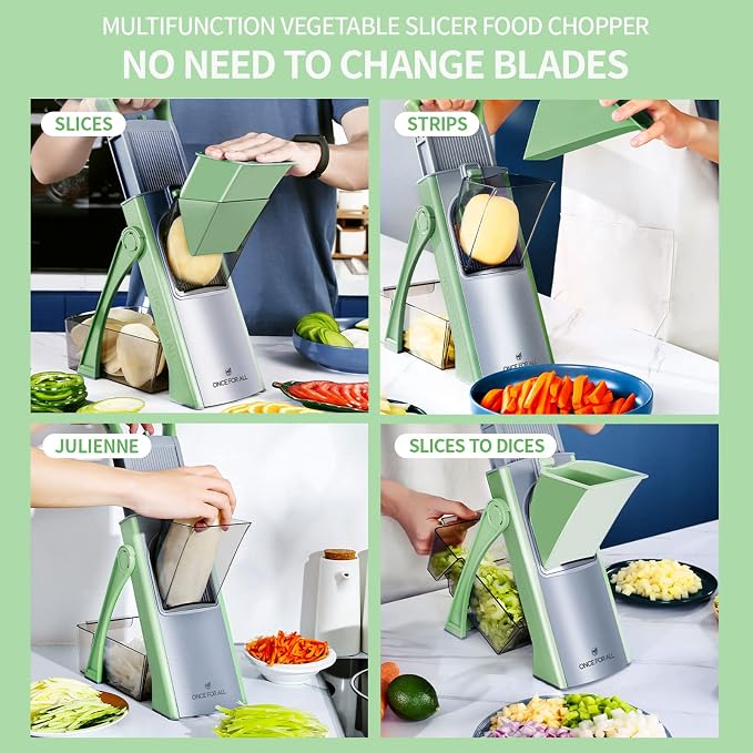 ONCE FOR ALL Safe Mandoline Slicer Plus, Bigger Size, Veggie Slicer, Green | 0.1-8mm Adjustable Vegetable Food Chopper, Kitchen Mandoline Slicer Stainless Steel, Detachable Blade, Dishwasher-safe, Gift