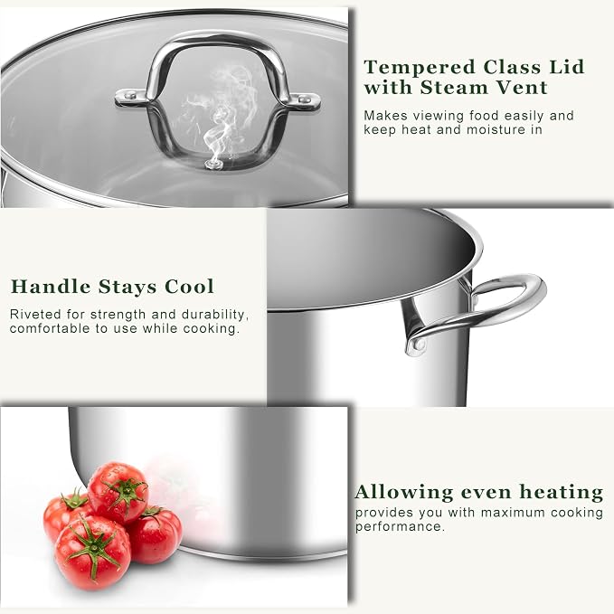 Leonyo 14Qt Stock Pot with Lid, Large Stainless Steel Stockpot for Cooking | 3-Ply Heat-conducting Base for All Stoves, Stewing & Boiling & Simmering