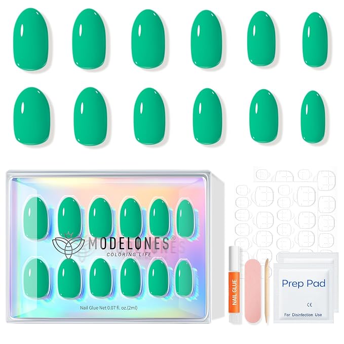 modelones Bright Green Short Press on Nails, Oval Fake Nails Kit | Press Ons with Nail Glue, Adhesive Tabs, Nail File, Prep Pad, Manicure Stick, 32Pcs 16 Sizes, Summer Women Girl Gift