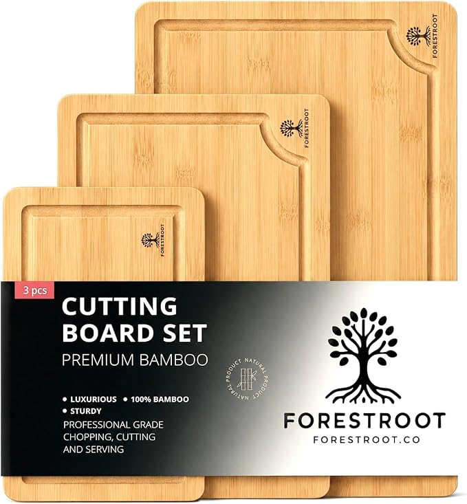 Bamboo Cutting Board for Kitchen, 3-Piece Natural Bamboo Chopping Board with Juice Groove, Built-in Side Handles, Bamboo Butcher Block for Meat, Vegetables, Bread & Fruits