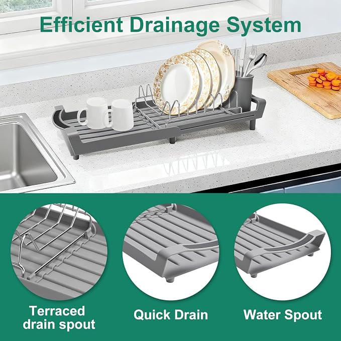 Compact Stainless Steel Dish Drying Rack | Rust-Resistant Drainer for Kitchen and Apartment Countertops/Sink Cabinets, Adjustable 11.42 to 19.9 Inches (Gray)