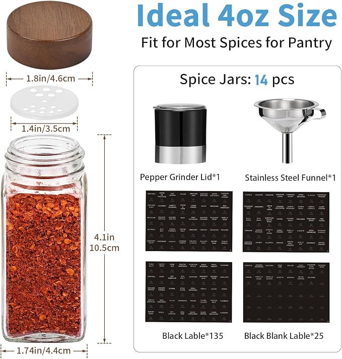 Glass Spice Containers for Kitchen: 14P 4oz Dishwasher Safe Jars | Durable Glass Jars for Cooking Enthusiasts- Airtight Acacia lid 500X Open-Close no Loose - Gift/Daily Use for Housewives