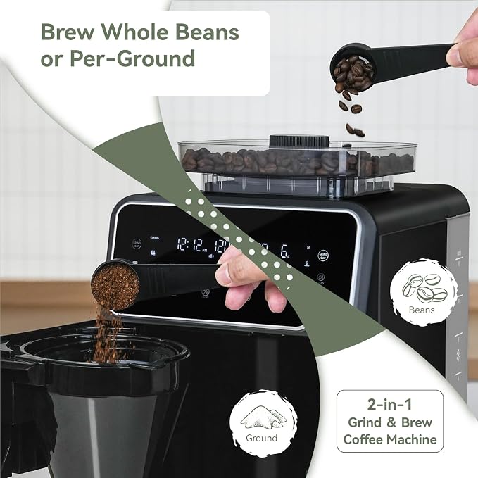 Gevi 10-Cup Grind & Brew Drip Coffee Maker with Built-In Burr Grinder | 24-Hour Programmable Timer, Touch Screen Control, 4-Hour Warm Plate, Permanent Filter with Original Glass Coffee Carafe