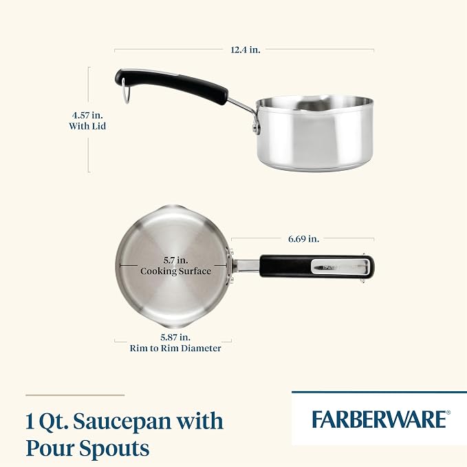 Farberware Brilliance Stainless Steel Saucepan/Saucepot with Side Spouts for Easy Pouring, 1 Quart, Dishwasher Safe and Induction Ready, Compatible with All Cooktops, Stainless Steel