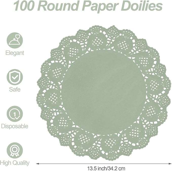 MCEAST 100 Pack Round Sage Green Paper Doilies 13.5 Inches Lace Paper Place Mats Rustic Scallop Doily Disposable Table Pads for Food Cakes Crafts Party Weddings Tableware Decor